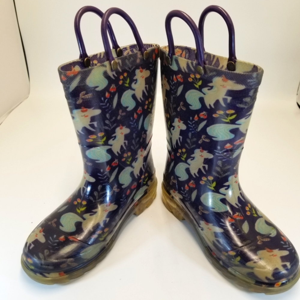 Western Chief Size Child 9/10 Blue Floral Rubber Rain Boots Light Up Pull On